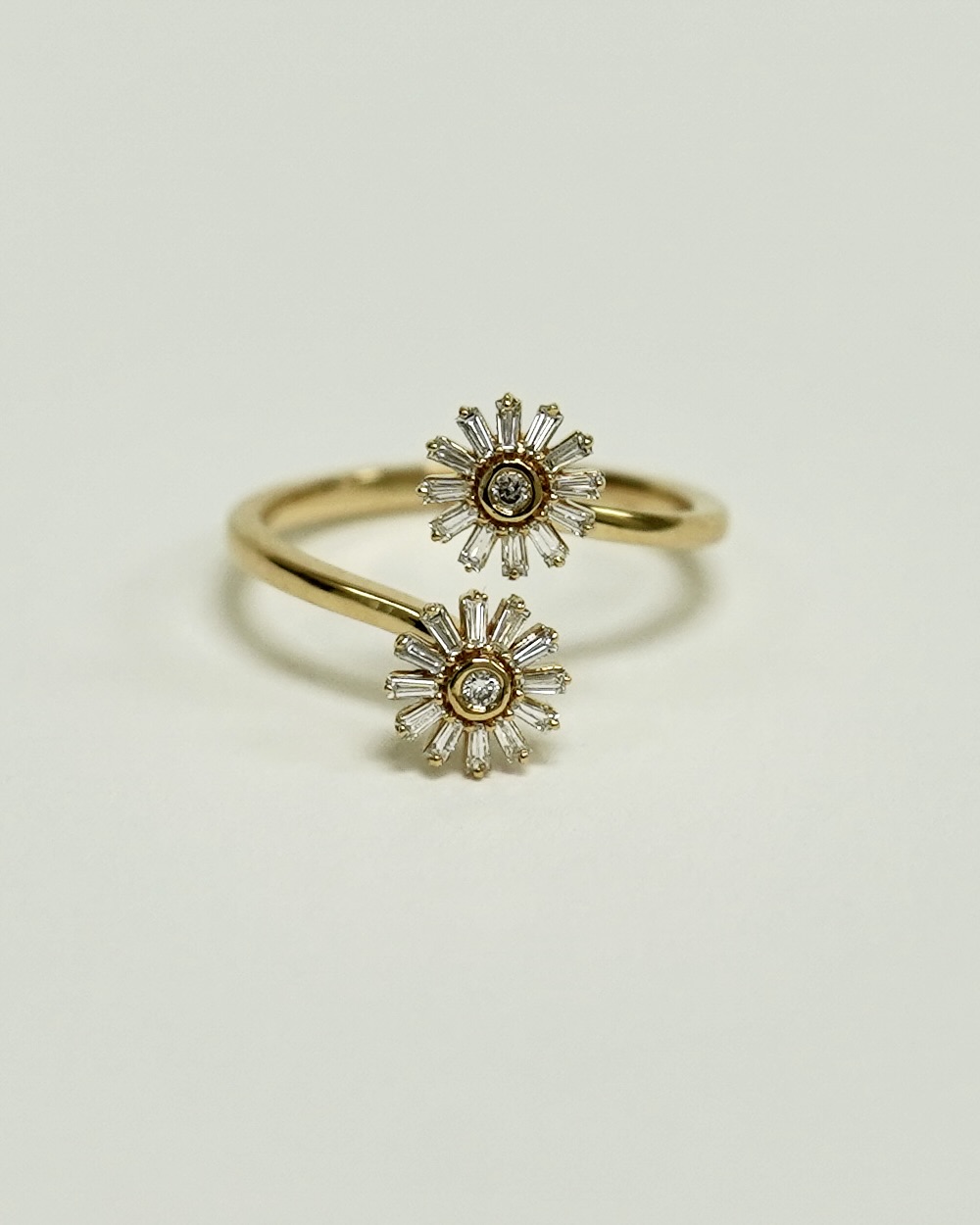 Two Flower Shape Tapered Baguette Cut Lab Diamond Bypass Ring