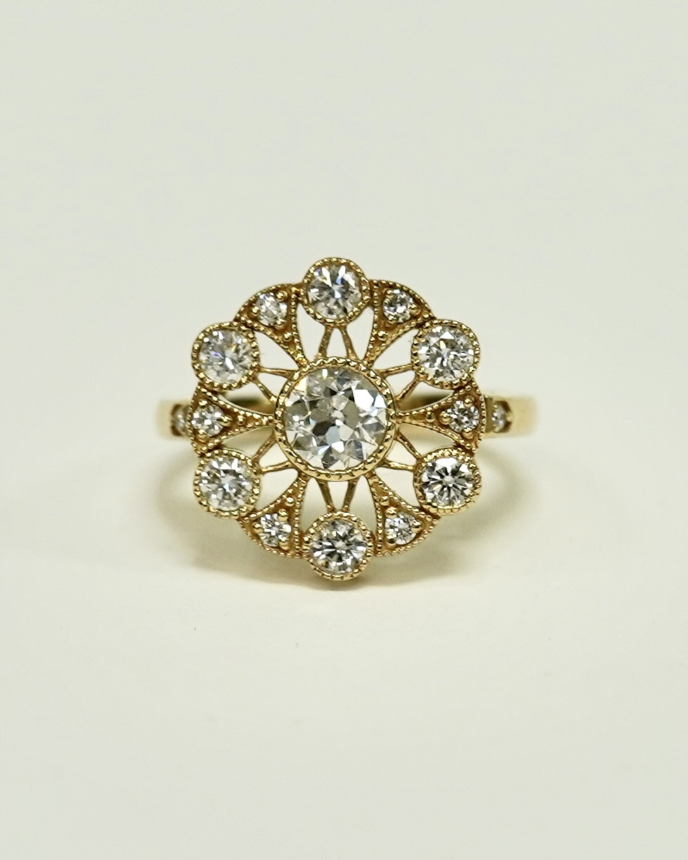 Old European Round Cut Flower Engagement Ring