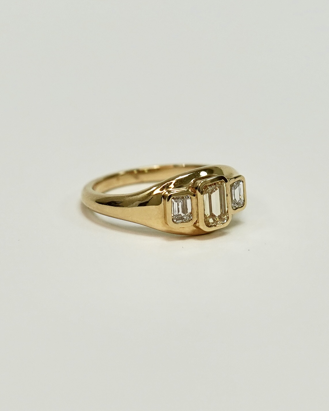 Bezel Set Yellow Emerald Cut 3 Stone Diamond Ring - Image 2